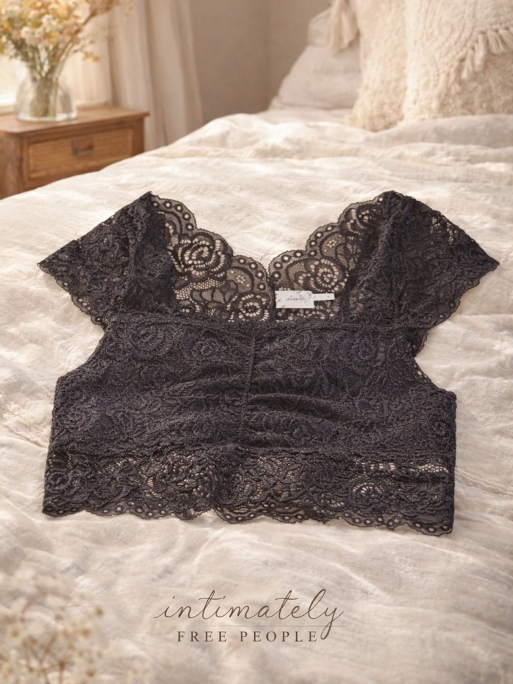 Intimately Free People Black Lace Bralette Boho Scalloped Crop S